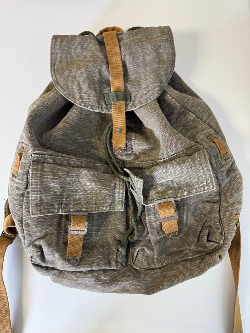 Canvas Military-Style Backpack in Olive Green and Tan